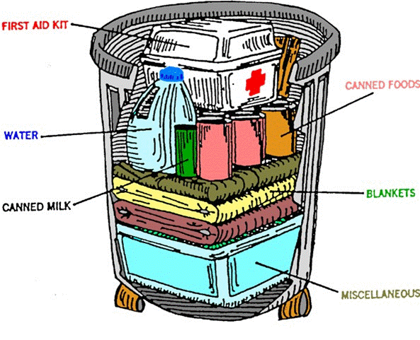 A graphic illustration of emergency supplies in a bucket - First Aid kit, Water, Canned Milk, Canned