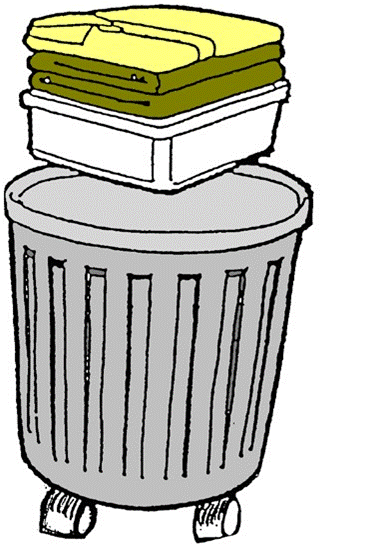 Diagram of clothes and a box being placed in a trash can. 