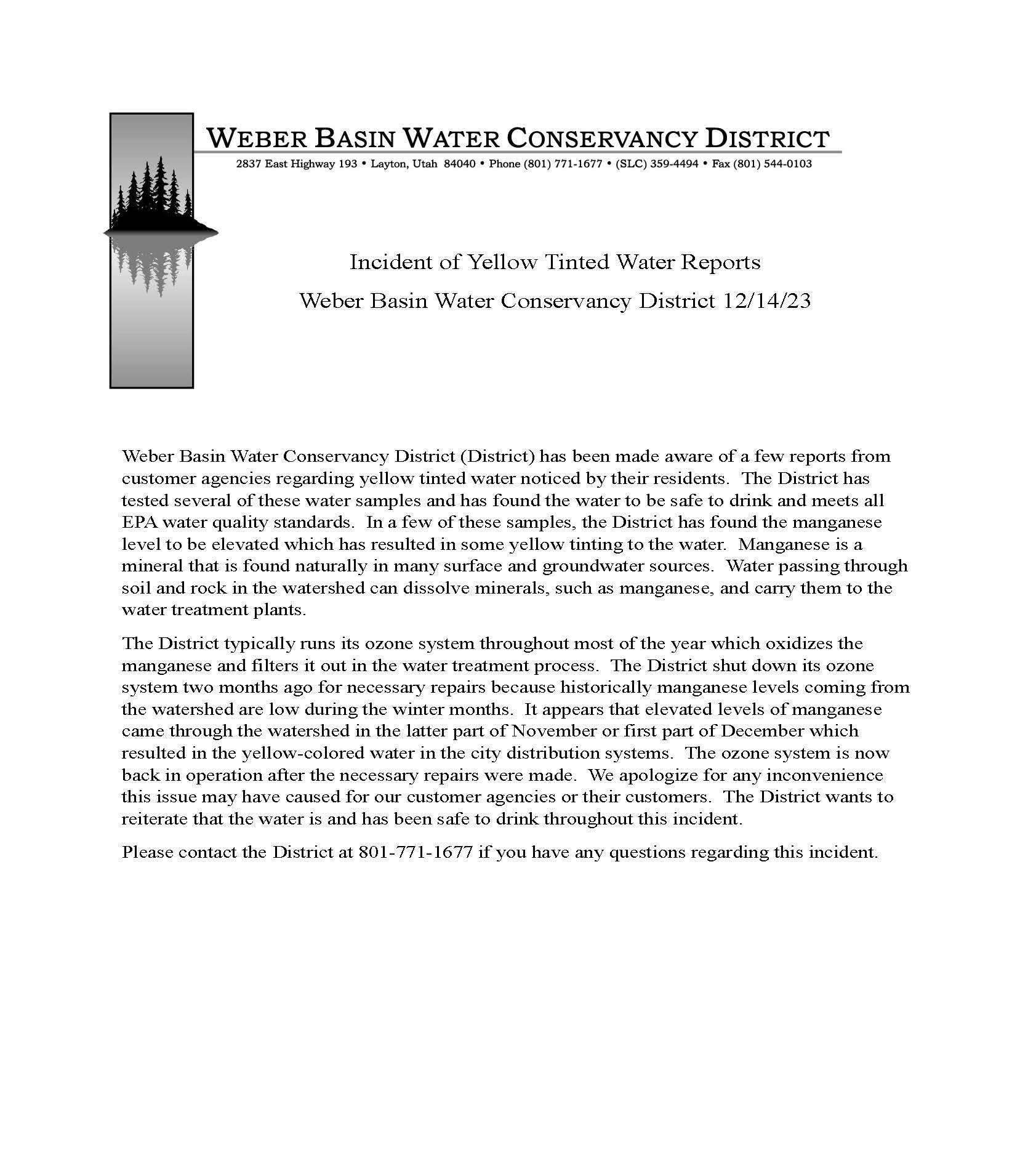 Incident of Yellow Tinted Water Reports 121423 final